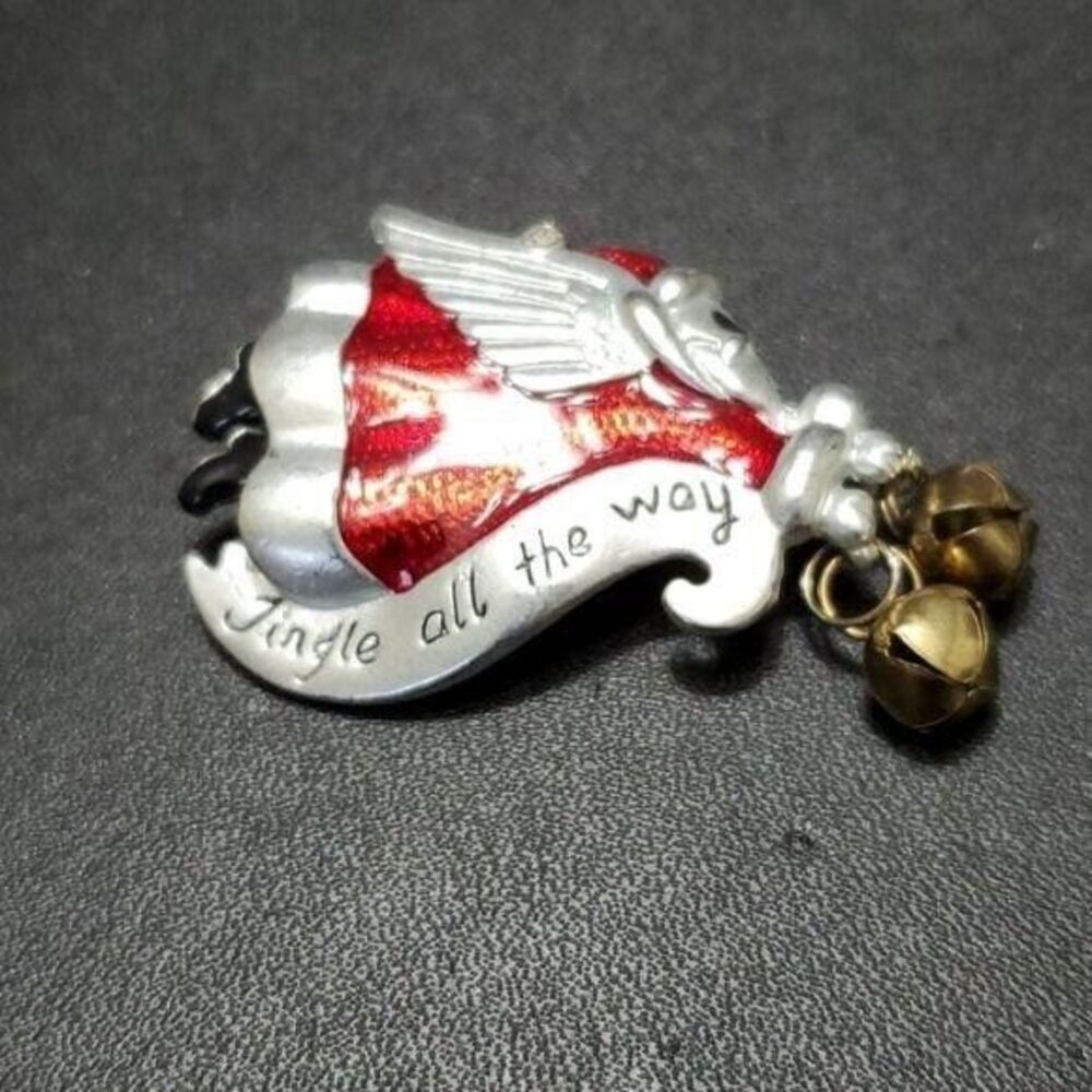 Flying Jingle All The Way Santa brooch red silver tone